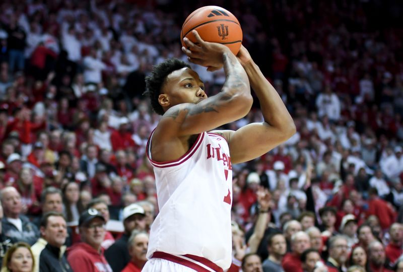Jan 27, 2026; Bloomington, Indiana, USA; Indiana Hoosiers guard Nick Dorn (7) shoots the ball against the Purdue Boilermakers during the first half at Simon Skjodt Assembly Hall. Mandatory Credit: Robert Goddin-Imagn Images