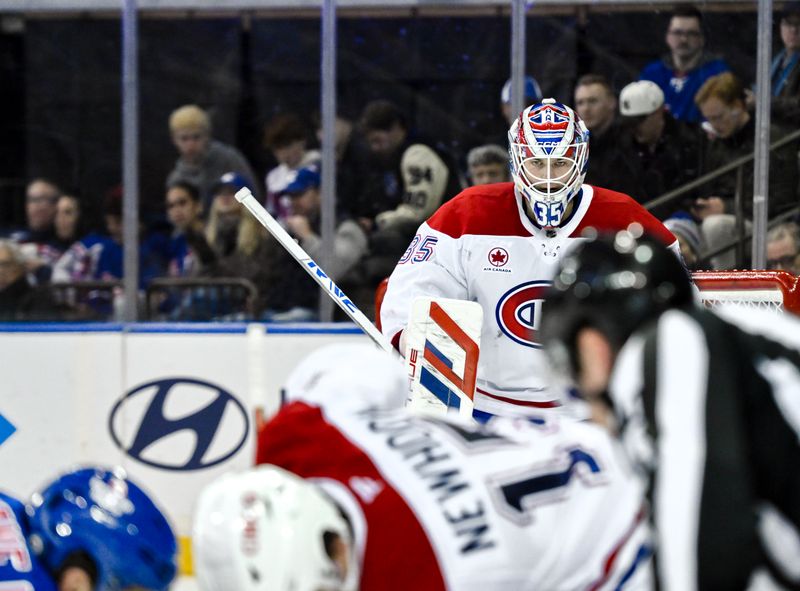 Nov 30, 2024; New York, New York, USA; Montreal Canadiens goaltender Sam Montembeault (35) looks on during a face off between the New York Rangers and the Montreal Canadiens in the third period at Madison Square Garden. Mandatory Credit: John Jones-Imagn Images