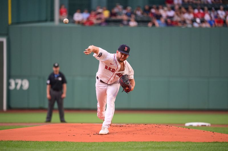 Jun 26, 2024; Boston, Massachusetts, USA; Boston Red Sox starting pitcher Kutter Crawford (50) pitches against the Toronto Blue Jays during the first inning at Fenway Park. Mandatory Credit: Eric Canha-USA TODAY Sports