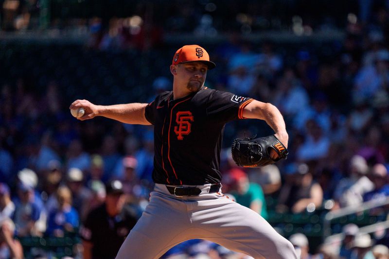 Mar 22, 2024; Mesa, Arizona, USA; San Francisco Giants starting pitcher Keaton Winn (67) on the mound in the first inning during a spring training game against the Chicago Cubs at Sloan Park. Mandatory Credit: Allan Henry-USA TODAY Sports