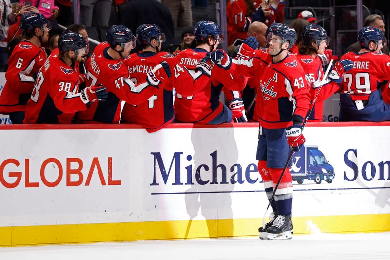 Nov 24, 2025; Washington, District of Columbia, USA; Washington Capitals right wing Tom Wilson (43) celebrates with teammates after scoring a goal against the Columbus Blue Jackets during the second period at Capital One Arena. Mandatory Credit: Geoff Burke-Imagn Images