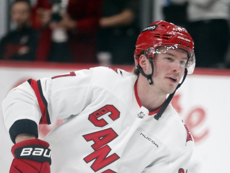 Mar 26, 2024; Pittsburgh, Pennsylvania, USA; Carolina Hurricanes right wing Andrei Svechnikov (37) warms up against at PPG Paints Arena. Mandatory Credit: Charles LeClaire-USA TODAY Sports