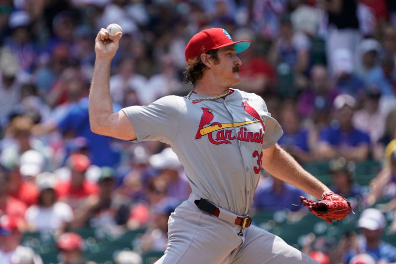 Jun 16, 2024; Chicago, Illinois, USA; St. Louis Cardinals pitcher Miles Mikolas (39) throws the ball against the Chicago Cubs during the first inning  at Wrigley Field. Mandatory Credit: David Banks-USA TODAY Sports