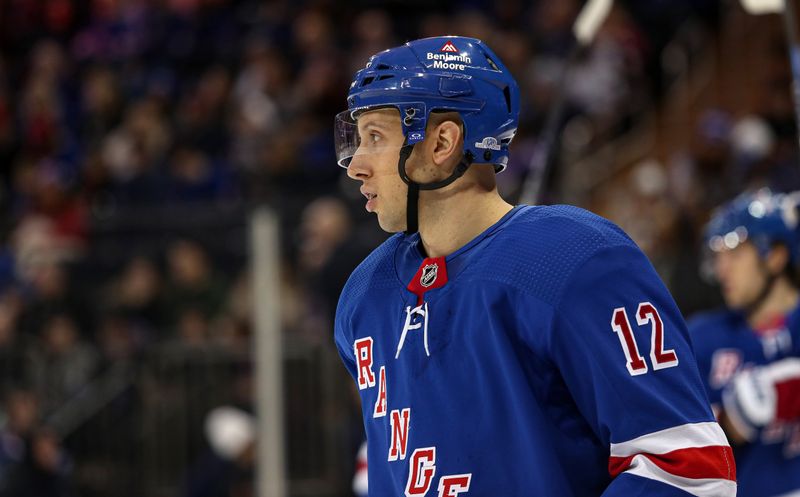 Nov 25, 2023; New York, New York, USA; New York Rangers center Nick Bonino (12) skates during the third period against the Boston Bruins at Madison Square Garden. Mandatory Credit: Danny Wild-USA TODAY Sports