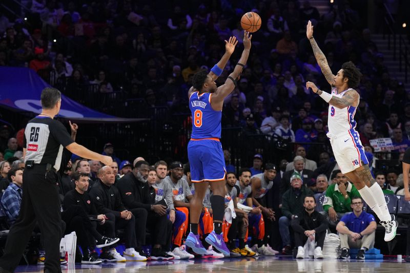 PHILADELPHIA, PA - JANUARY 15: OG Anunoby #8 of the New York Knicks shoots a three point basket during the game against the Philadelphia 76ers on January 15, 2025 at the Wells Fargo Center in Philadelphia, Pennsylvania NOTE TO USER: User expressly acknowledges and agrees that, by downloading and/or using this Photograph, user is consenting to the terms and conditions of the Getty Images License Agreement. Mandatory Copyright Notice: Copyright 2025 NBAE (Photo by Jesse D. Garrabrant/NBAE via Getty Images)