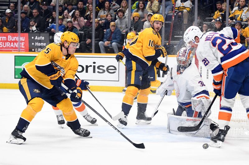 Jan 13, 2024; Nashville, Tennessee, USA; New York Islanders goaltender Ilya Sorokin (30) makes a save during the third period against the Nashville Predators at Bridgestone Arena. Mandatory Credit: Christopher Hanewinckel-USA TODAY Sports