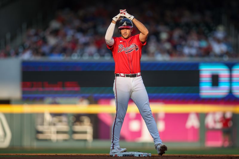 Jun 14, 2024; Atlanta, Georgia, USA; Atlanta Braves first baseman Matt Olson (28) reacts after a double against the Tampa Bay Rays in the first inning at Truist Park. Mandatory Credit: Brett Davis-USA TODAY Sports
