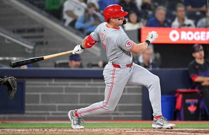 Aug 21, 2024; Toronto, Ontario, CAN;  Cincinnati Reds left fielder Spencer Steer (7) hits an infield single against the Toronto Blue Jays in the fifth inning at Rogers Centre. Mandatory Credit: Dan Hamilton-USA TODAY Sports