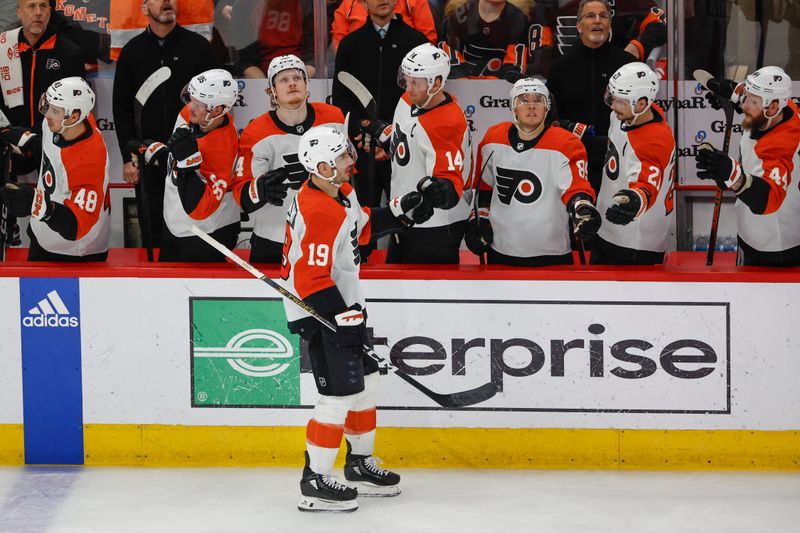 Feb 21, 2024; Chicago, Illinois, USA; Philadelphia Flyers right wing Garnet Hathaway (19) celebrates with teammates after scoring against the Chicago Blackhawks during the second period at United Center. Mandatory Credit: Kamil Krzaczynski-USA TODAY Sports