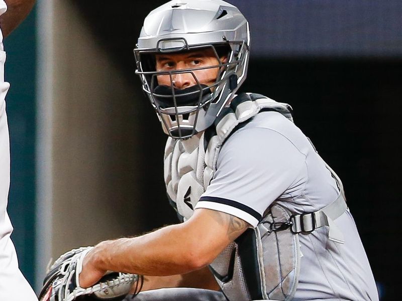 Aug 2, 2023; Arlington, Texas, USA; Chicago White Sox catcher Seby Zavala (44) looks over to the dugout during the fourth inning against the Texas Rangers at Globe Life Field. Mandatory Credit: Andrew Dieb-USA TODAY Sports