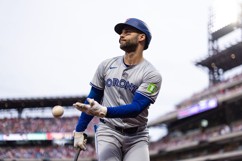 May 7, 2024; Philadelphia, Pennsylvania, USA;  Toronto Blue Jays outfielder Kevin Kiermaier (39) tosses a ball from the batters box during the third inning against the Philadelphia Phillies at Citizens Bank Park. Mandatory Credit: Bill Streicher-USA TODAY Sports