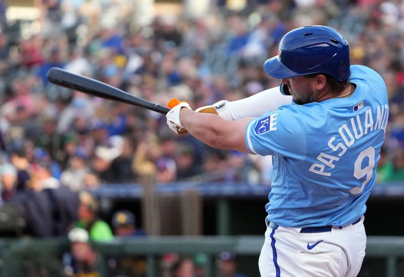 Mar 17, 2024; Surprise, Arizona, USA; Kansas City Royals first baseman Vinnie Pasquantino (9) nets against the Milwaukee Brewers during the third inning at Surprise Stadium. Mandatory Credit: Joe Camporeale-USA TODAY Sports