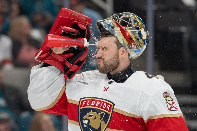 Nov 14, 2023; San Jose, California, USA; Florida Panthers goaltender Anthony Stolarz (41) sprays water on his face during the second period against the San Jose Sharks at SAP Center at San Jose. Mandatory Credit: Stan Szeto-USA TODAY Sports