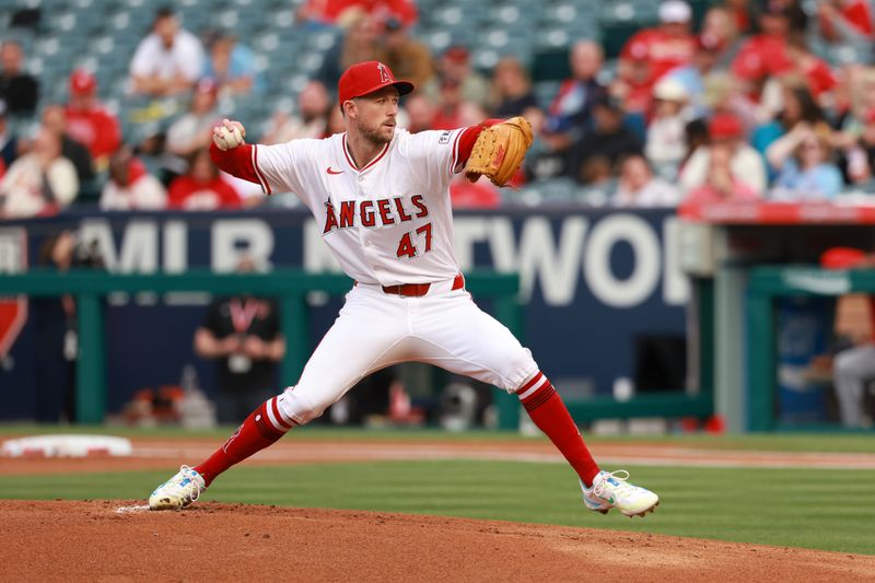 May 15, 2024; Anaheim, California, USA;  Los Angeles Angels starting pitcher Griffin Canning (47) pitches during the first inning against the St. Louis Cardinals at Angel Stadium. Mandatory Credit: Kiyoshi Mio-USA TODAY Sports
