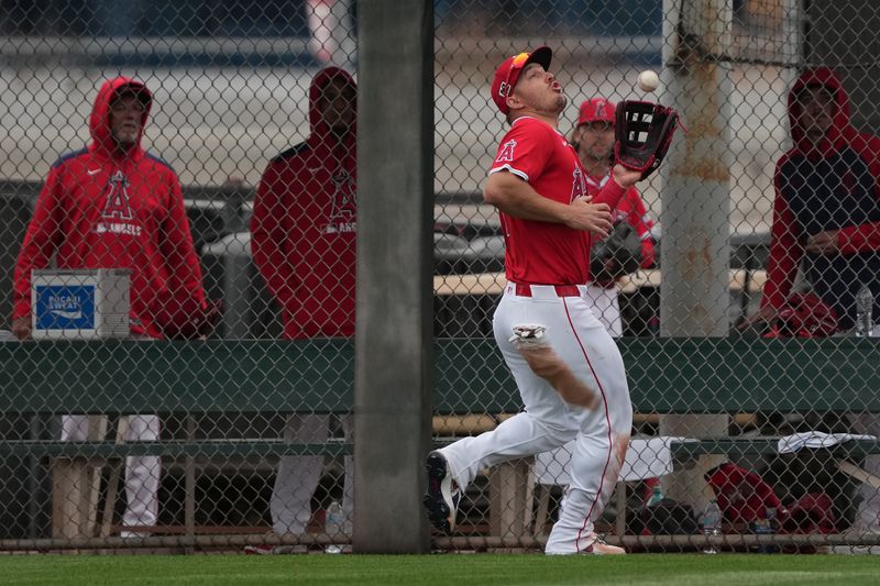 Mar 14, 2025; Tempe, Arizona, USA; Los Angeles Angels outfielder Mike Trout (27) makes the over the shoulder catch for an out against the Kansas City Royals in the third inning at Tempe Diablo Stadium. Mandatory Credit: Rick Scuteri-Imagn Images