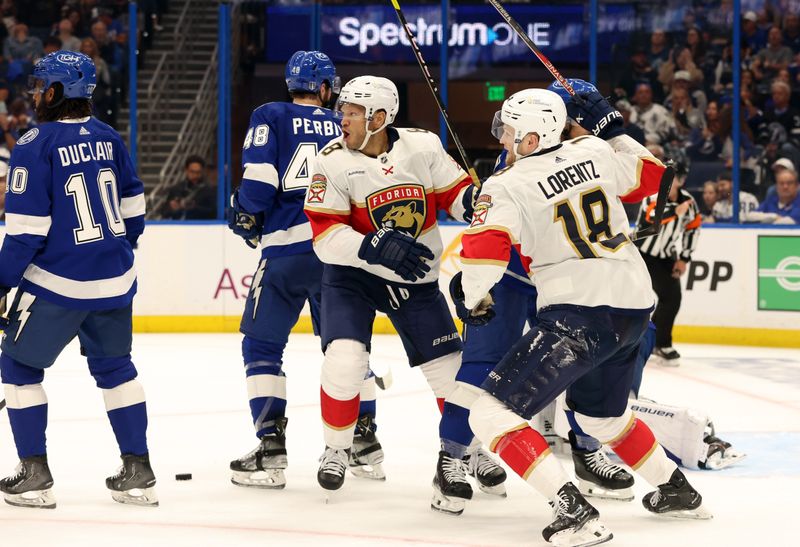 Apr 25, 2024; Tampa, Florida, USA; Florida Panthers right wing Kyle Okposo (8) and left wing Matthew Tkachuk (19) celebrate after defenseman Brandon Montour (62) (not pictured) scored a goal against the Tampa Bay Lightning during the second period in game three of the first round of the 2024 Stanley Cup Playoffs at Amalie Arena. Mandatory Credit: Kim Klement Neitzel-USA TODAY Sports