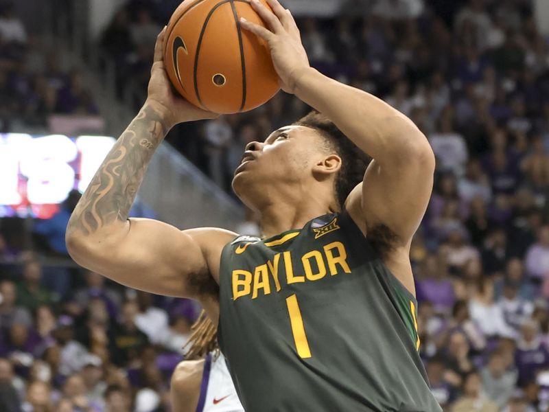 Feb 11, 2023; Fort Worth, Texas, USA;  Baylor Bears guard Keyonte George (1) shoots past TCU Horned Frogs forward Xavier Cork (12) during the second half at Ed and Rae Schollmaier Arena. Mandatory Credit: Kevin Jairaj-USA TODAY Sports