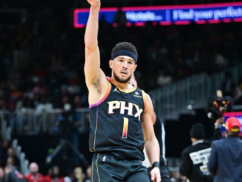 ATLANTA, GA - FEBRUARY 2: Devin Booker #1 of the Phoenix Suns celebrates three point basket during the game against the Atlanta Hawks on February 2, 2024 at State Farm Arena in Atlanta, Georgia.  NOTE TO USER: User expressly acknowledges and agrees that, by downloading and/or using this Photograph, user is consenting to the terms and conditions of the Getty Images License Agreement. Mandatory Copyright Notice: Copyright 2024 NBAE (Photo by Adam Hagy/NBAE via Getty Images)