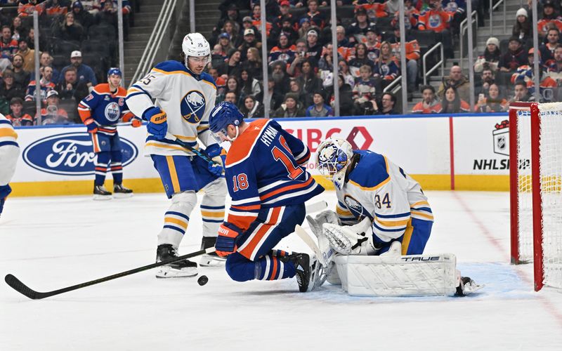 Dec 9, 2025; Edmonton, Alberta, CAN;  Edmonton Oilers left winger Zach Hyman (18) gets in front of Buffalo Sabres goalie Alex Lyon (34)  during the third period at Rogers Place. Mandatory Credit: Walter Tychnowicz-Imagn Images