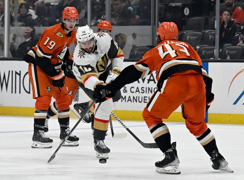 Dec 4, 2024; Anaheim, California, USA;  Vegas Golden Knights center Nicolas Roy (10) shoots past Anaheim Ducks defenseman Drew Helleson (43) during the third period at Honda Center. Mandatory Credit: Alex Gallardo-Imagn Images