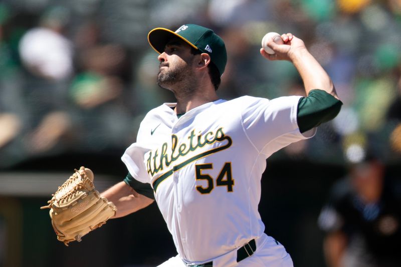 Jun 23, 2024; Oakland, California, USA; Oakland Athletics pitcher Scott Alexander (54) delivers a pitch against the Minnesota Twins during the ninth inning at Oakland-Alameda County Coliseum. Mandatory Credit: D. Ross Cameron-USA TODAY Sports