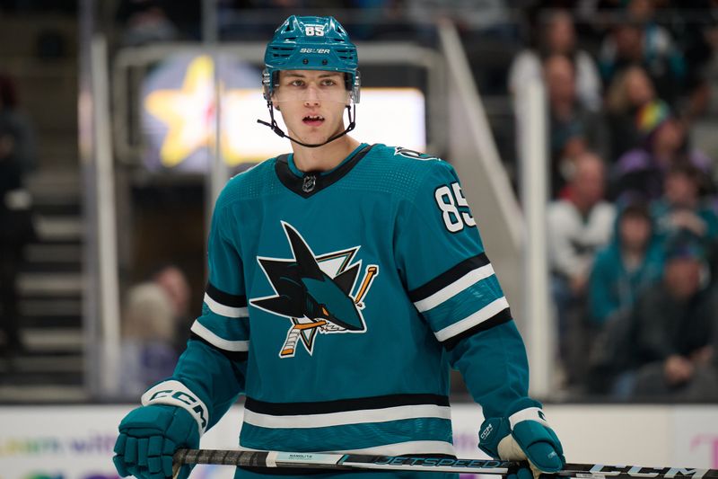 Jan 27, 2024; San Jose, California, USA; San Jose Sharks defenseman Shakir Mukhamadullin (85) during the first period against the Buffalo Sabres at SAP Center at San Jose. Mandatory Credit: Robert Edwards-USA TODAY Sports