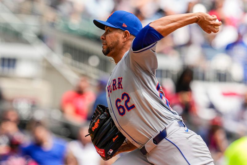 Apr 11, 2024; Cumberland, Georgia, USA; New York Mets starting pitcher Jose Quintana (62) pitches against the Atlanta Braves during the second inning at Truist Park. Mandatory Credit: Dale Zanine-USA TODAY Sports