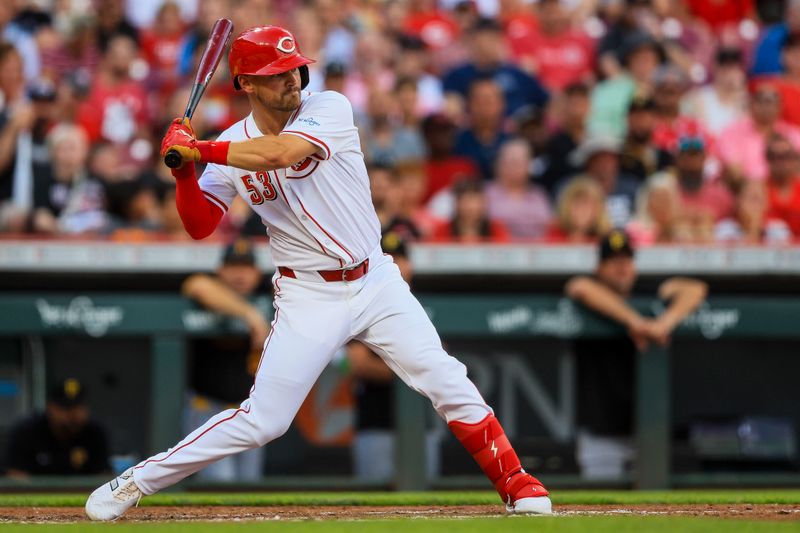 Jun 24, 2024; Cincinnati, Ohio, USA; Cincinnati Reds outfielder Levi Jordan (53) at bat in the third inning against the Pittsburgh Pirates at Great American Ball Park. Mandatory Credit: Katie Stratman-USA TODAY Sports