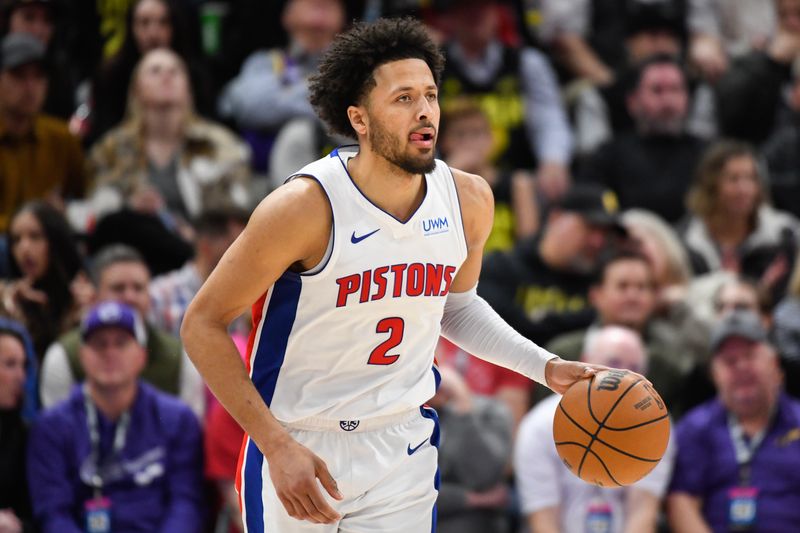 SALT LAKE CITY, UTAH - JANUARY 03: Cade Cunningham #2 of the Detroit Pistons in action during a game against the Utah Jazz at Delta Center on January 03, 2024 in Salt Lake City, Utah. NOTE TO USER: User expressly acknowledges and agrees that, by downloading and or using this photograph, User is consenting to the terms and conditions of the Getty Images License Agreement. (Photo by Alex Goodlett/Getty Images)