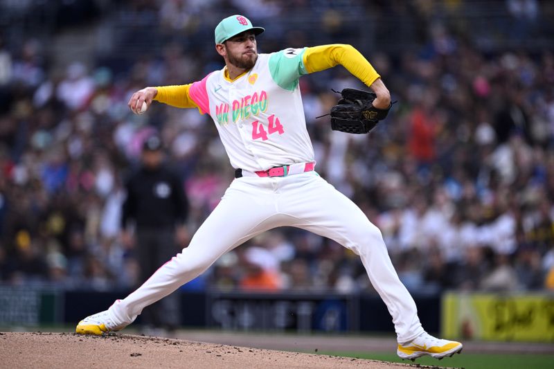 Apr 26, 2024; San Diego, California, USA; San Diego Padres starting pitcher Joe Musgrove (44) throws a pitch against the Philadelphia Phillies during the first inning at Petco Park. Mandatory Credit: Orlando Ramirez-USA TODAY Sports