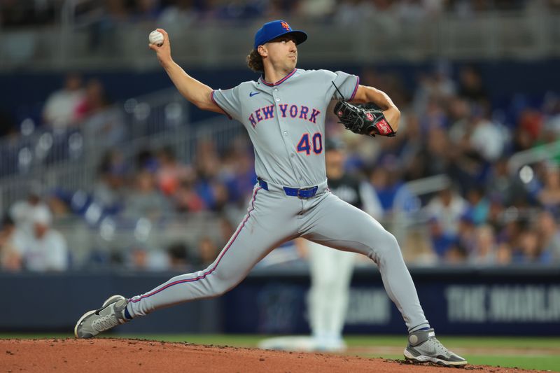 Sep 26, 2025; Miami, Florida, USA; New York Mets starting pitcher Brandon Sproat (40) delivers a pitch against the Miami Marlins during the first inning at loanDepot Park. Mandatory Credit: Sam Navarro-Imagn Images