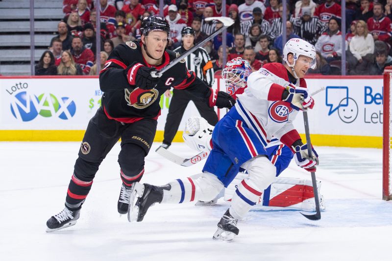 Jan 17, 2026; Ottawa, Ontario, CAN; Ottawa Senators left wing Brady Tkachuk (7) and Montreal Canadiens defenseman Mike Matheson (8) chase the puck in the first period at the Canadian Tire Centre. Mandatory Credit: Marc DesRosiers-IMAGN Images