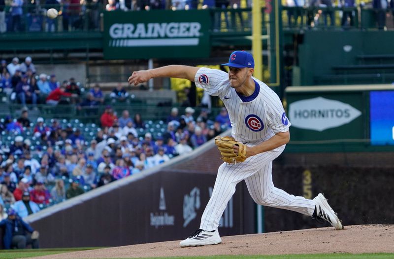 Apr 27, 2025; Chicago, Illinois, USA; Chicago Cubs pitcher Jameson Taillon (50) throws the ball against the Philadelphia Phillies during the first inning at Wrigley Field. Mandatory Credit: David Banks-Imagn Images