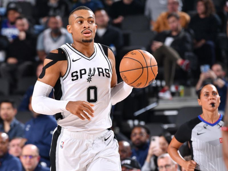 INGLEWOOD, CA - NOVEMBER 4: Keldon Johnson #0 of the San Antonio Spurs dribbles the ball during the game against the LA Clippers on November 4, 2024 at Intuit Dome in Los Angeles, California. NOTE TO USER: User expressly acknowledges and agrees that, by downloading and/or using this Photograph, user is consenting to the terms and conditions of the Getty Images License Agreement. Mandatory Copyright Notice: Copyright 2024 NBAE (Photo by Juan Ocampo/NBAE via Getty Images)