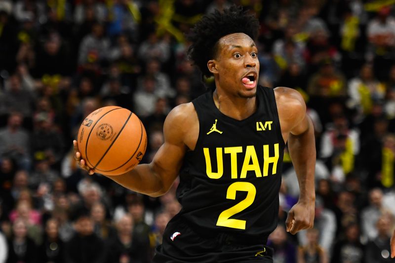 SALT LAKE CITY, UTAH - MARCH 06: Collin Sexton #2 of the Utah Jazz in action during the second half of a game against the Chicago Bulls at Delta Center on March 06, 2024 in Salt Lake City, Utah. NOTE TO USER: User expressly acknowledges and agrees that, by downloading and or using this photograph, User is consenting to the terms and conditions of the Getty Images License Agreement.  (Photo by Alex Goodlett/Getty Images)