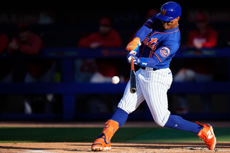 Mar 19, 2024; Port St. Lucie, Florida, USA; New York Mets shortstop Francisco Lindor (12) takes a swing against the St. Louis Cardinals during the second inning at Clover Park. Mandatory Credit: Rich Storry-USA TODAY Sports