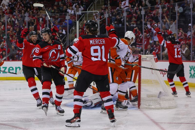 Oct 27, 2024; Newark, New Jersey, USA; New Jersey Devils center Jack Hughes (86) celebrates his goal against the Anaheim Ducks during the second period at Prudential Center. Mandatory Credit: Ed Mulholland-Imagn Images