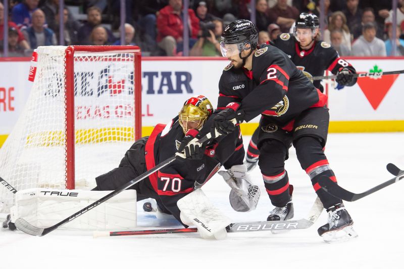 Jan 27, 2024; Ottawa, Ontario, CAN; Ottawa Senators goalie Joonas Korpisalo (70) loses sight of the puck on a goal scored by the New York Rangers in the second period at the Canadian Tire Centre. Mandatory Credit: Marc DesRosiers-USA TODAY Sports