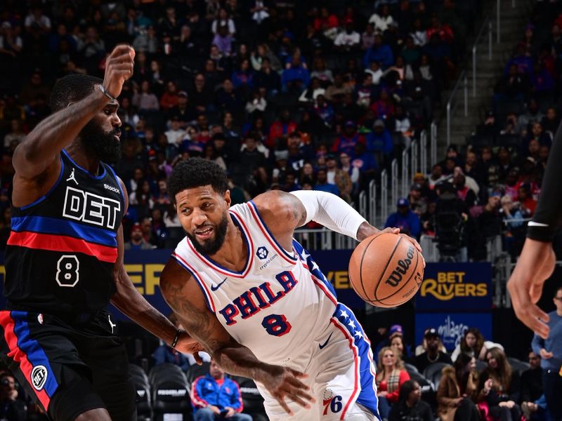 DETROIT, MI - NOVEMBER 30: Paul George #8 of the Philadelphia 76ers handles the ball during the game against the Detroit Pistons on November 30, 2024 at Little Caesars Arena in Detroit, Michigan. NOTE TO USER: User expressly acknowledges and agrees that, by downloading and/or using this photograph, User is consenting to the terms and conditions of the Getty Images License Agreement. Mandatory Copyright Notice: Copyright 2024 NBAE (Photo by Chris Schwegler/NBAE via Getty Images)