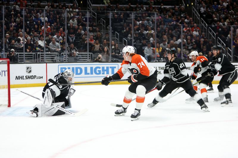 Nov 11, 2023; Los Angeles, California, USA;  Philadelphia Flyers right wing Owen Tippett (74) scores a goal against  Los Angeles Kings goaltender Cam Talbot (39) during the first period at Crypto.com Arena. Mandatory Credit: Kiyoshi Mio-USA TODAY Sports