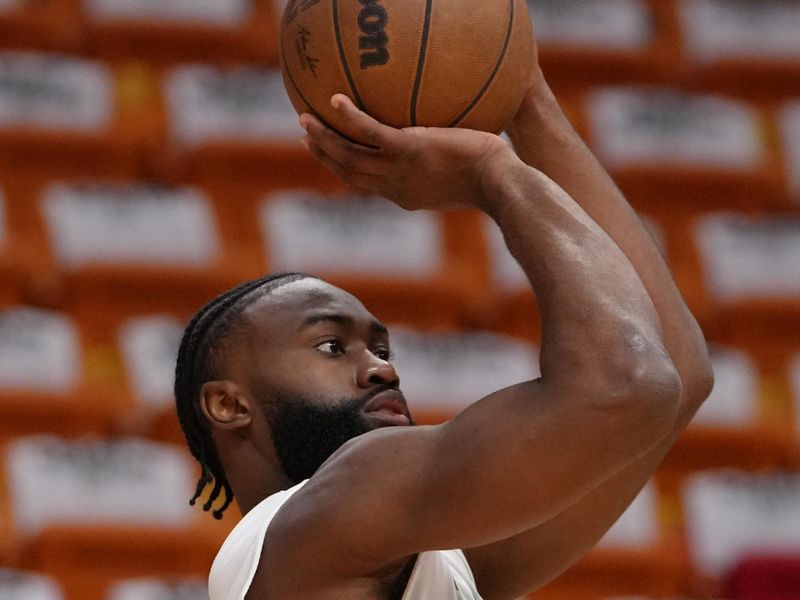 MIAMI, FL - MAY 21: Jaylen Brown #7 of the Boston Celtics warms up before the game against the Miami Heat during the Eastern Conference Finals of the 2023 NBA Playoffs on May 21, 2023 at Miami-Dade Arena in Miami, Florida. NOTE TO USER: User expressly acknowledges and agrees that, by downloading and or using this Photograph, user is consenting to the terms and conditions of the Getty Images License Agreement. Mandatory Copyright Notice: Copyright 2023 NBAE (Photo by Eric Espada/NBAE via Getty Images)