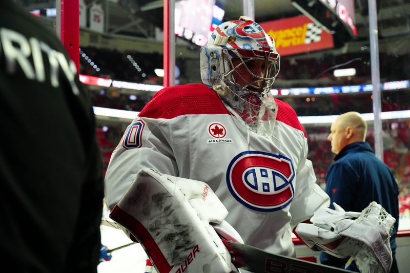 Dec 28, 2023; Raleigh, North Carolina, USA; Montreal Canadiens goaltender Cayden Primeau (30) comes off the ice after the warmups against the Carolina Hurricanes at PNC Arena. Mandatory Credit: James Guillory-USA TODAY Sports