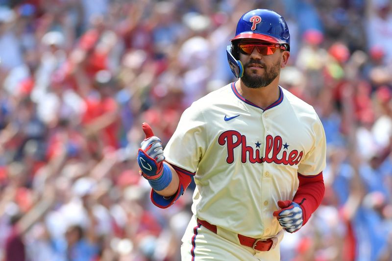 Jul 28, 2024; Philadelphia, Pennsylvania, USA; Philadelphia Phillies designated hitter Kyle Schwarber (12) watches his two-run home run against the Cleveland Guardians during the third inning at Citizens Bank Park. Mandatory Credit: Eric Hartline-USA TODAY Sports