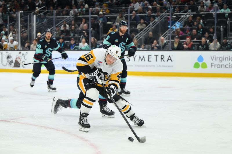 Jan 19, 2026; Seattle, Washington, USA; Pittsburgh Penguins center Blake Lizotte (46) advances the puck against the Seattle Kraken during the second period at Climate Pledge Arena. Mandatory Credit: Steven Bisig-Imagn Images