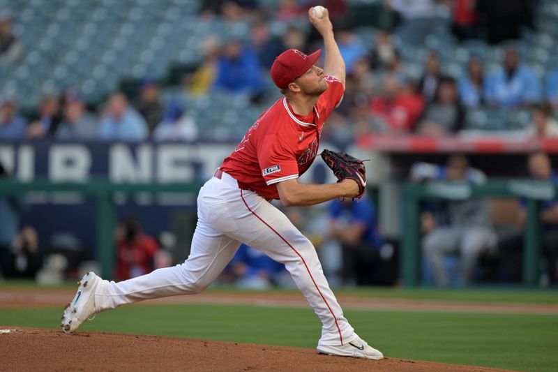 May 9, 2024; Anaheim, California, USA;  Los Angeles Angels pitcher Reid Detmers (48) delivers to the plate in the first inning against the Kansas City Royals at Angel Stadium. Mandatory Credit: Jayne Kamin-Oncea-USA TODAY Sports