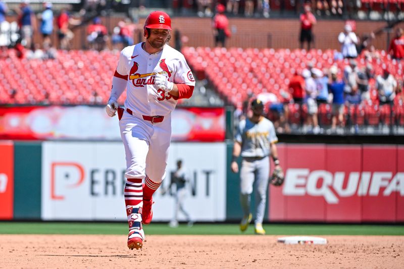 Jun 13, 2024; St. Louis, Missouri, USA;  St. Louis Cardinals left fielder Brendan Donovan (33) runs the bases after hitting a solo home run against the Pittsburgh Pirates during the sixth inning at Busch Stadium. Mandatory Credit: Jeff Curry-USA TODAY Sports