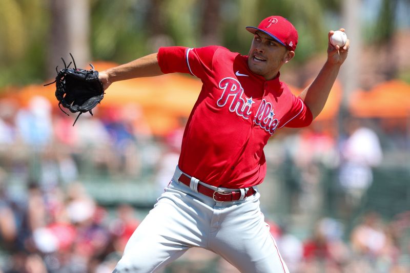 Mar 26, 2023; Sarasota, Florida, USA;  Philadelphia Phillies relief pitcher Andrew Vasquez (37) throws a pitch against the Baltimore Orioles in the fourth inning during spring training at Ed Smith Stadium. Mandatory Credit: Nathan Ray Seebeck-USA TODAY Sports