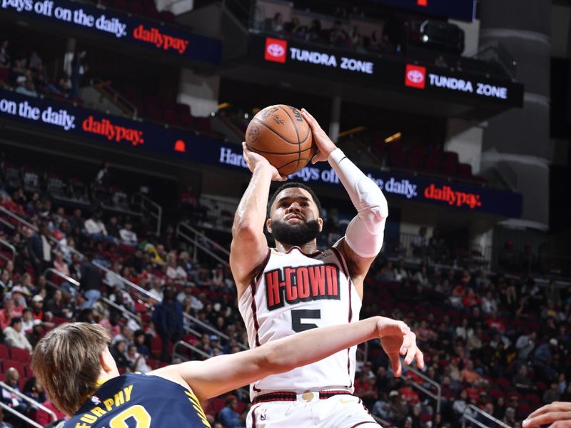 HOUSTON, TX - NOVEMBER 20: Fred VanVleet #5 of the Houston Rockets shoots the ball during the game against the Indiana Pacers  on November 20, 2024 at the Toyota Center in Houston, Texas. NOTE TO USER: User expressly acknowledges and agrees that, by downloading and or using this photograph, User is consenting to the terms and conditions of the Getty Images License Agreement. Mandatory Copyright Notice: Copyright 2024 NBAE (Photo by Logan Riely/NBAE via Getty Images)