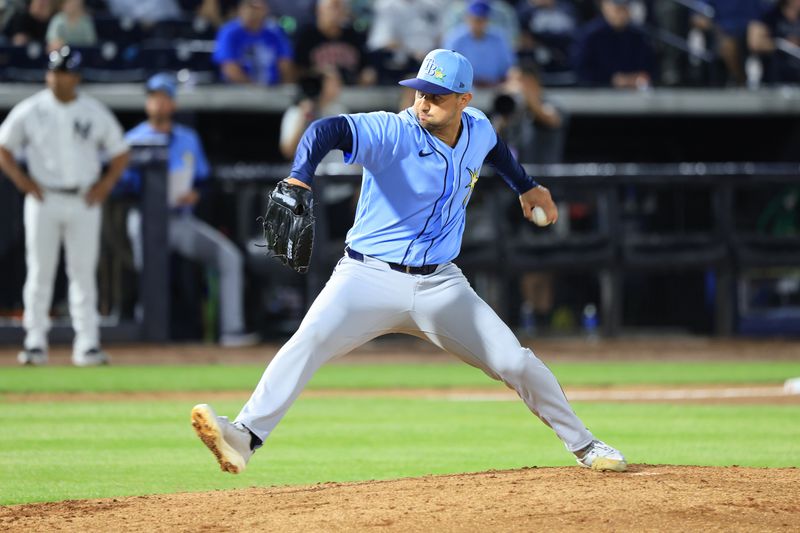 Mar 6, 2026; Tampa, Florida, USA; Tampa Bay Rays pitcher Ian Seymour (61) throws a pitch during the third inning against the New York Yankees at George M. Steinbrenner Field. Mandatory Credit: Kim Klement Neitzel-Imagn Images