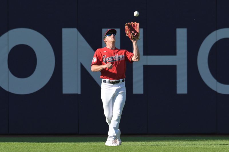 Jun 24, 2023; Cleveland, Ohio, USA; Cleveland Guardians center fielder Myles Straw (7) catches a ball hit by Milwaukee Brewers center fielder Joey Wiemer (not pictured) during the seventh inning at Progressive Field. Mandatory Credit: Ken Blaze-USA TODAY Sports